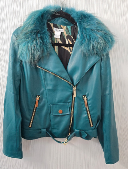 Oolala Teal Large Coat, Removable Fur Collar
